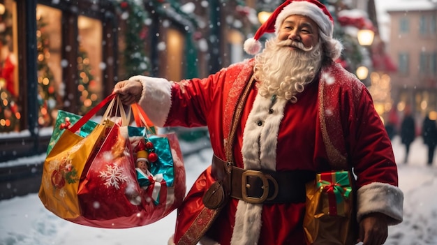 traditional Santa Claus looking at camera and smiling in festive room with Christmas decorations