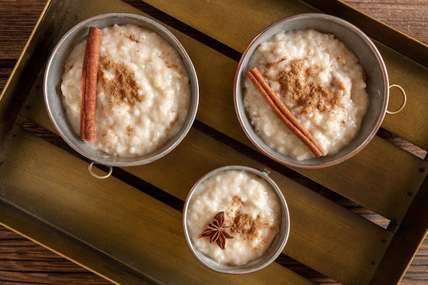 Traditional Scandinavianstyle rice porridge pudding with honey Close up top viewx9