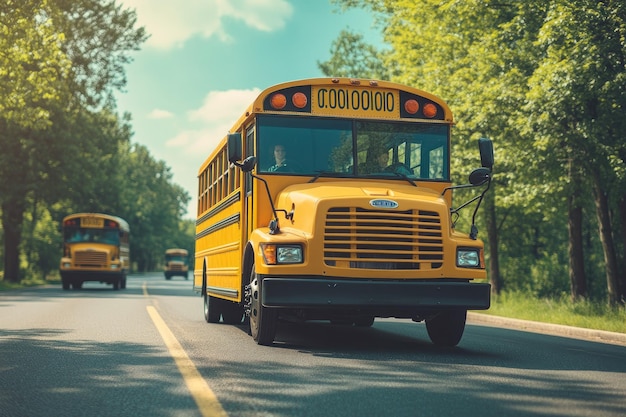 Traditional school buses on the road for transporting children to school