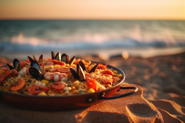 Traditional seafood paella in the pan on a table by the sea Generative AI