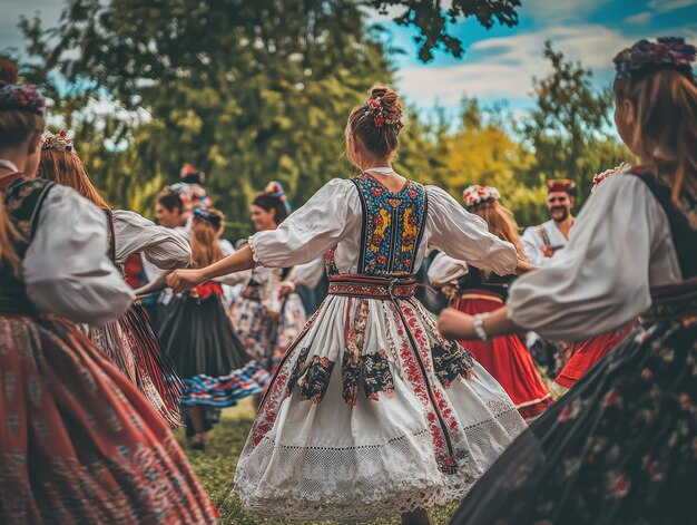 Photo traditional serbian kolo dance vibrant costumes communal circle joyful celebration rhythmic steps