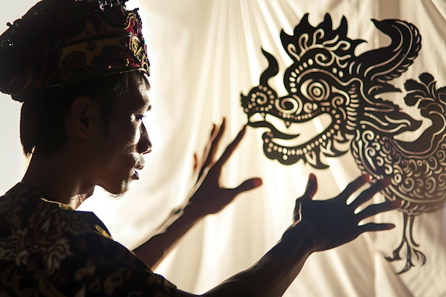 Photo traditional shadow puppetry in indonesia a silhouette of a performer with a mythical creature