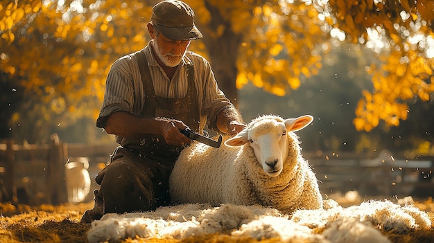 Traditional Sheep Shearing in a Rustic Farm Setting