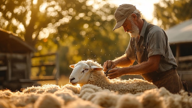 Traditional Sheep Shearing in a Rustic Farm Setting