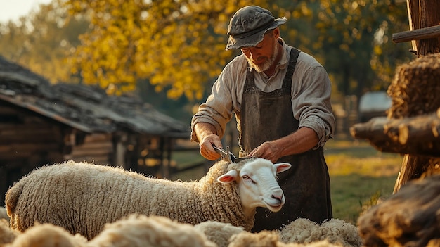 Traditional Sheep Shearing in a Rustic Farm Setting