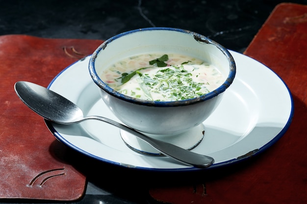 Traditional Slavic Okroshka soup with radishes, herbs, turkey and white yogurt in a metal bowl on a dark surface. Restaurant food. Hard light