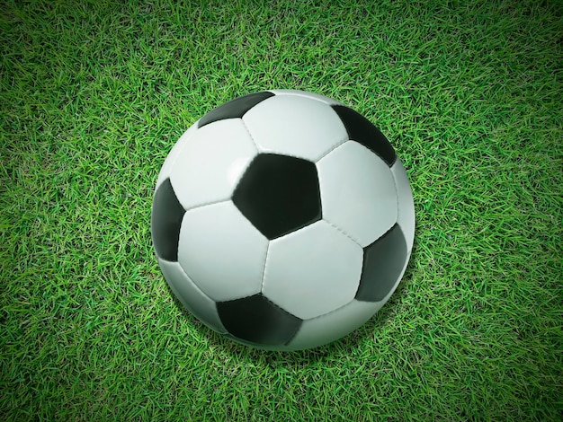 Traditional soccer ball on green grass top view