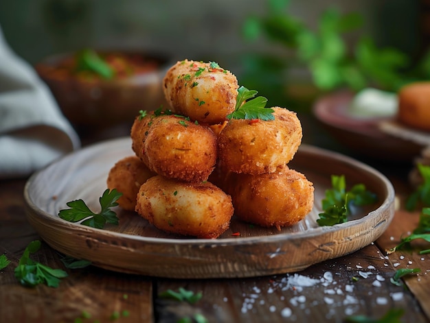 Traditional Spanish croquetas Close up of rustic wooden bowl on table