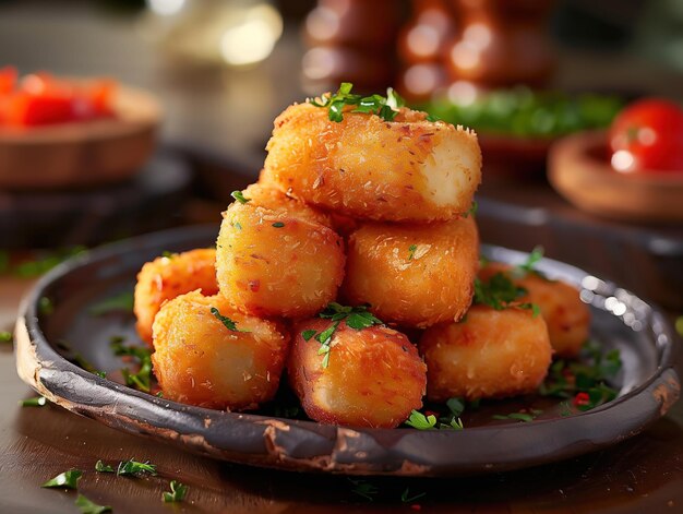 Traditional Spanish croquettes served in a rustic setting Close up photography