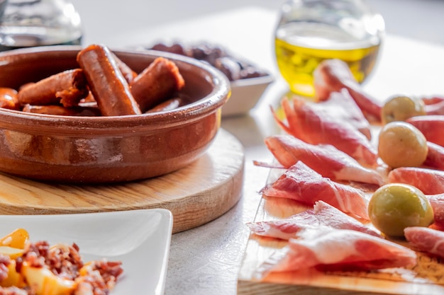 Traditional Spanish dish Tapas Jamon Iberico and chorizo