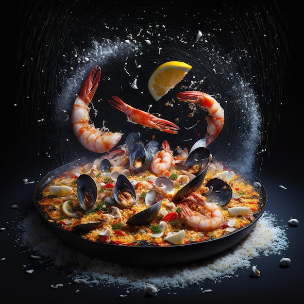 Traditional Spanish paella with seafood and chicken generative AI