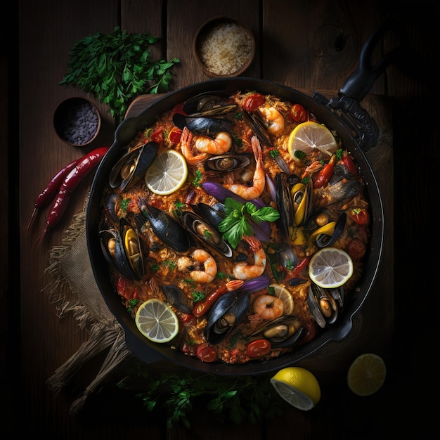 Traditional Spanish paella with seafood and chicken generative AI