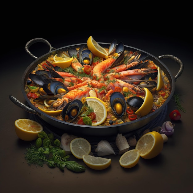 Traditional Spanish paella with seafood and chicken generative AI