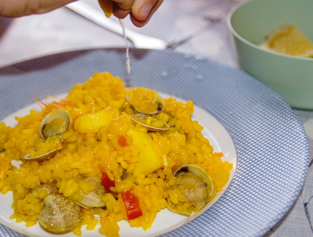 Traditional Spanish paella with seafood.