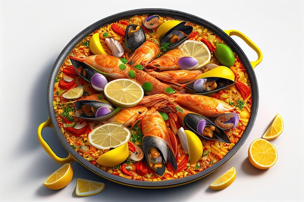 Traditional spanish seafood paella in the fry pan on a white table Generative AI