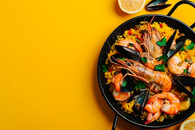 Traditional spanish seafood paella on yellow background Top view Copy space