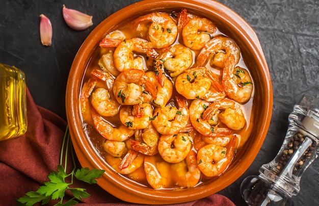 Traditional spanish shrimp with garlic, usually prepared with olive oil, top view