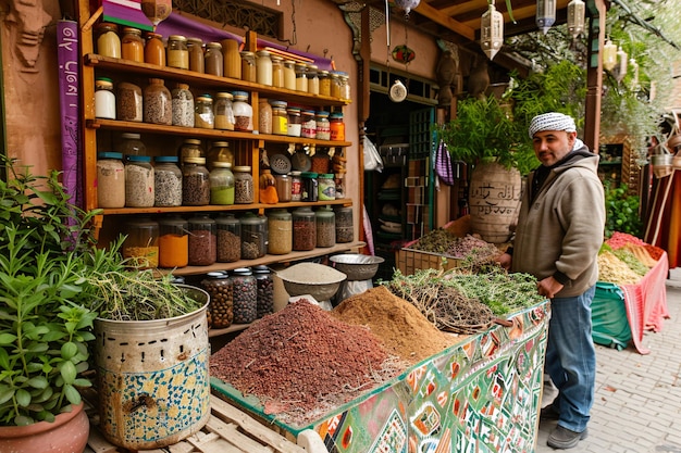 A traditional spice shop in Morocco with vibrant spices and herbs