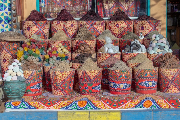 Traditional spices bazaar with herbs and spices in street old market in Sharm El Sheikh Egypt close up