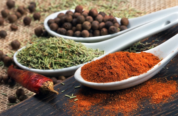 Traditional spices. chili peppers, rosemary and allspice in spoons on the table