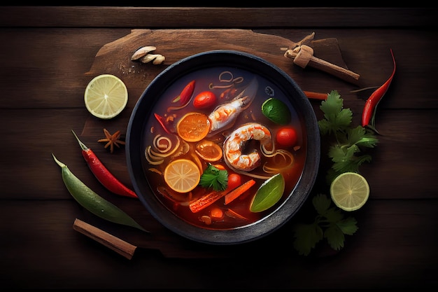 Photo traditional spicy thai tom yam soup on a wooden table generative ai