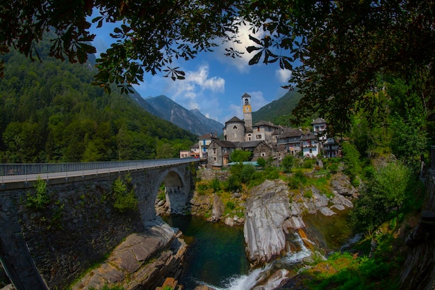 Traditional stone houses and a Church in the picturesque Lavertezzo village Ticino Switzerland