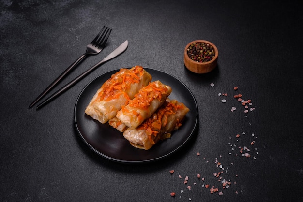 Traditional stuffed cabbage with minced meat and rice served in a tomato sauce