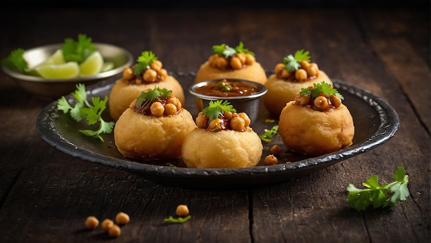 Traditional subcontinental street snack food chickpeas potato pani puri fuska with tamarind sauce