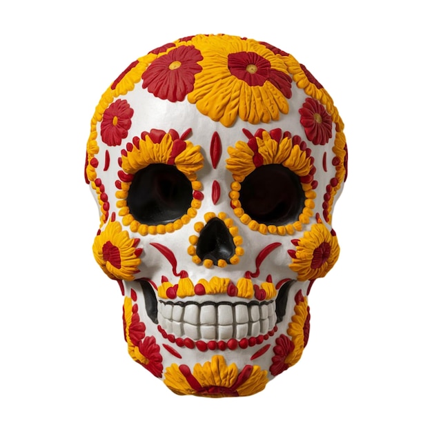 Traditional sugar skull decorated with bright marigold patterns isolated on white background