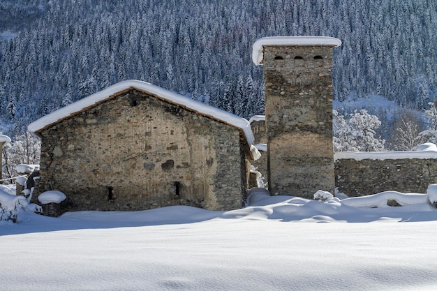 Traditional Svan towers and houses surrounded by snowy forest and mountains of the Caucasus Svaneti Georgia