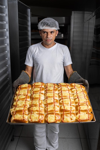 traditional sweet bread from Brazil, industrial manufacture in the bakery of sweet bread with guava