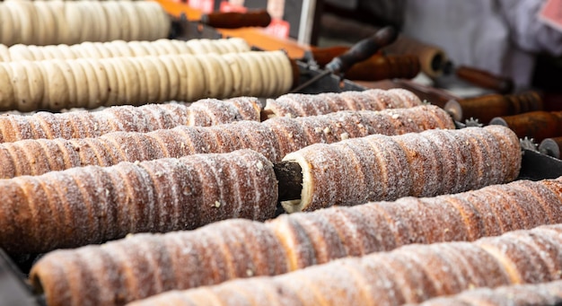 Traditional sweet pastry rolls Trdelnik Prague Czech Republic