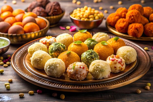 Photo traditional sweets like laddoos and barfis arranged on a platter