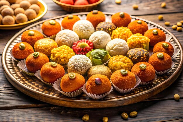 Photo traditional sweets like laddoos and barfis arranged on a platter