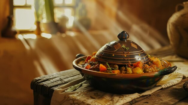 Photo a traditional tagine dish a moroccan stew in a clay pot on a rustic wooden table