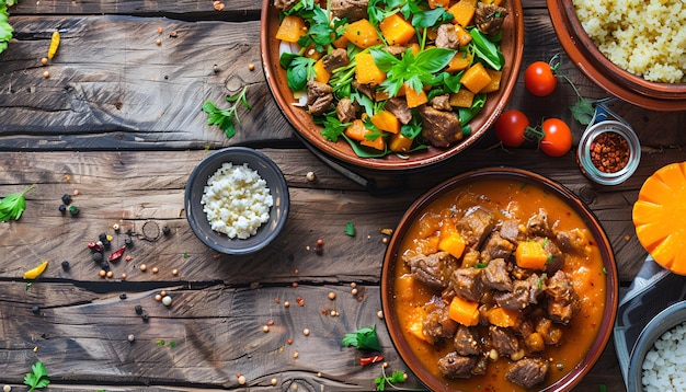 Traditional tajine dishes couscous and fresh salad on rustic wooden table Tagine lamb meat and pumpkin Top view Flat lay