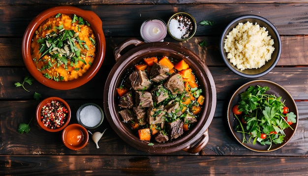 Traditional tajine dishes couscous and fresh salad on rustic wooden table Tagine lamb meat and pumpkin Top view Flat lay