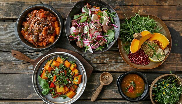 Traditional tajine dishes couscous and fresh salad on rustic wooden table Tagine lamb meat and pumpkin Top view Flat lay