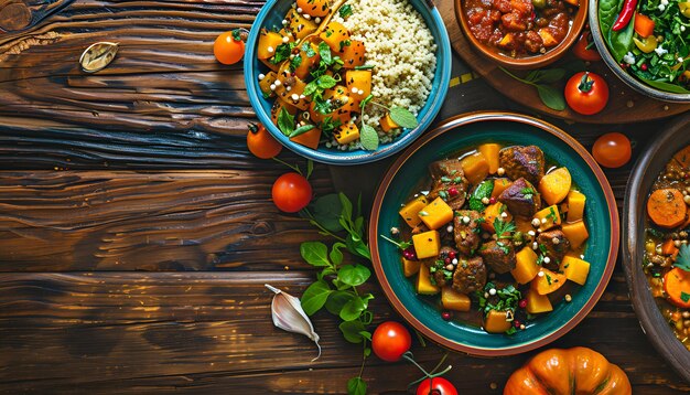 Traditional tajine dishes couscous and fresh salad on rustic wooden table Tagine lamb meat and pumpkin Top view Flat lay