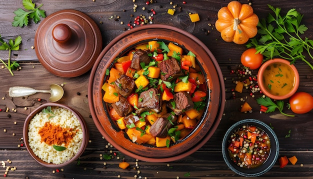 Traditional tajine dishes couscous and fresh salad on rustic wooden table Tagine lamb meat and pumpkin Top view Flat lay