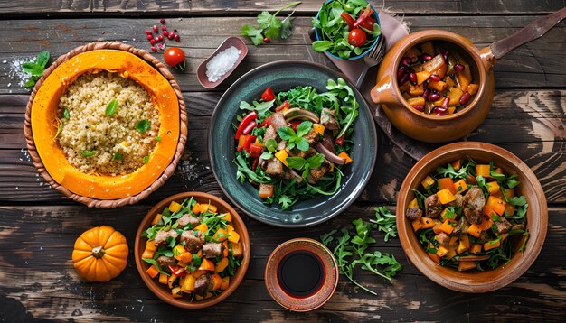 Traditional tajine dishes couscous and fresh salad on rustic wooden table Tagine lamb meat and pumpkin Top view Flat lay