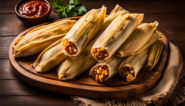 Traditional Tamales Arranged on a Wooden Tray