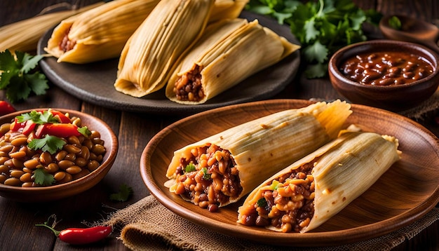 Traditional Tamales Served with Mexican Rice and Beans