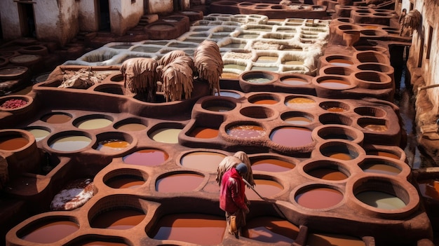 Traditional tannery Many stone vats filled with colorful dye to process leather according to ancient techniques