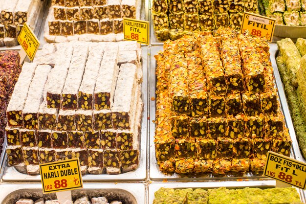 Traditional tasty Turkish sweets on the market