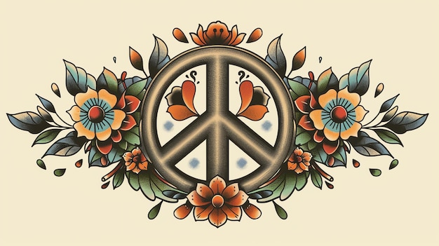 Traditional tattoo design of a peace sign surrounded by flowers