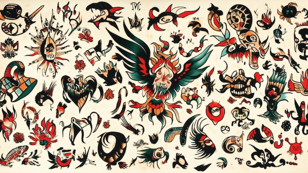 Photo traditional tattoo flash sheet bold lines bright colors vintage designs