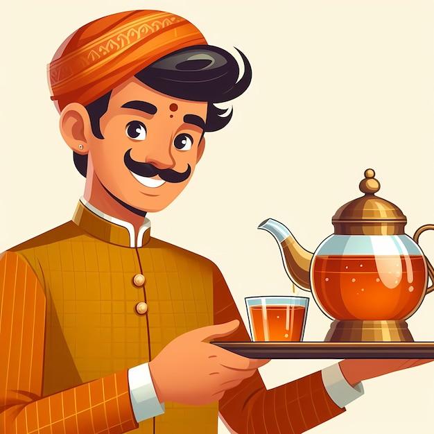 Traditional tea serving man modern vector illustration