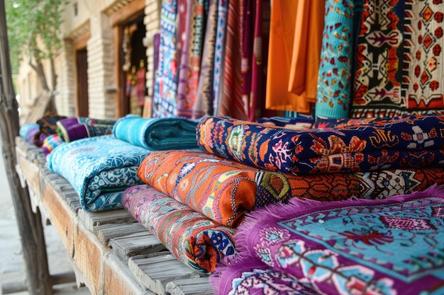 Traditional textiles and scarves in Uzbek market