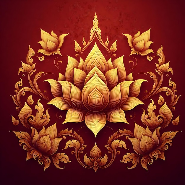 Photo traditional thai background featuring a repeating lotus design in gold on a rich red base